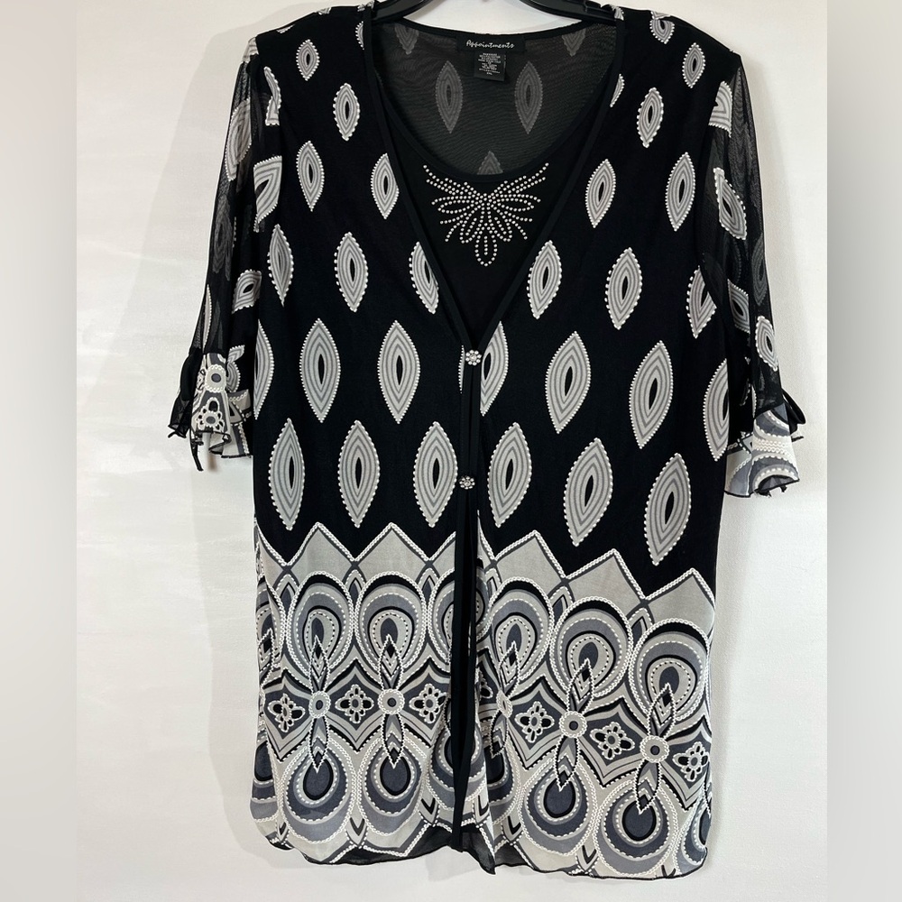 Women’s Black White Silver Blouse Appointments Crystal Buttons Bow Ties Sz 2XL
